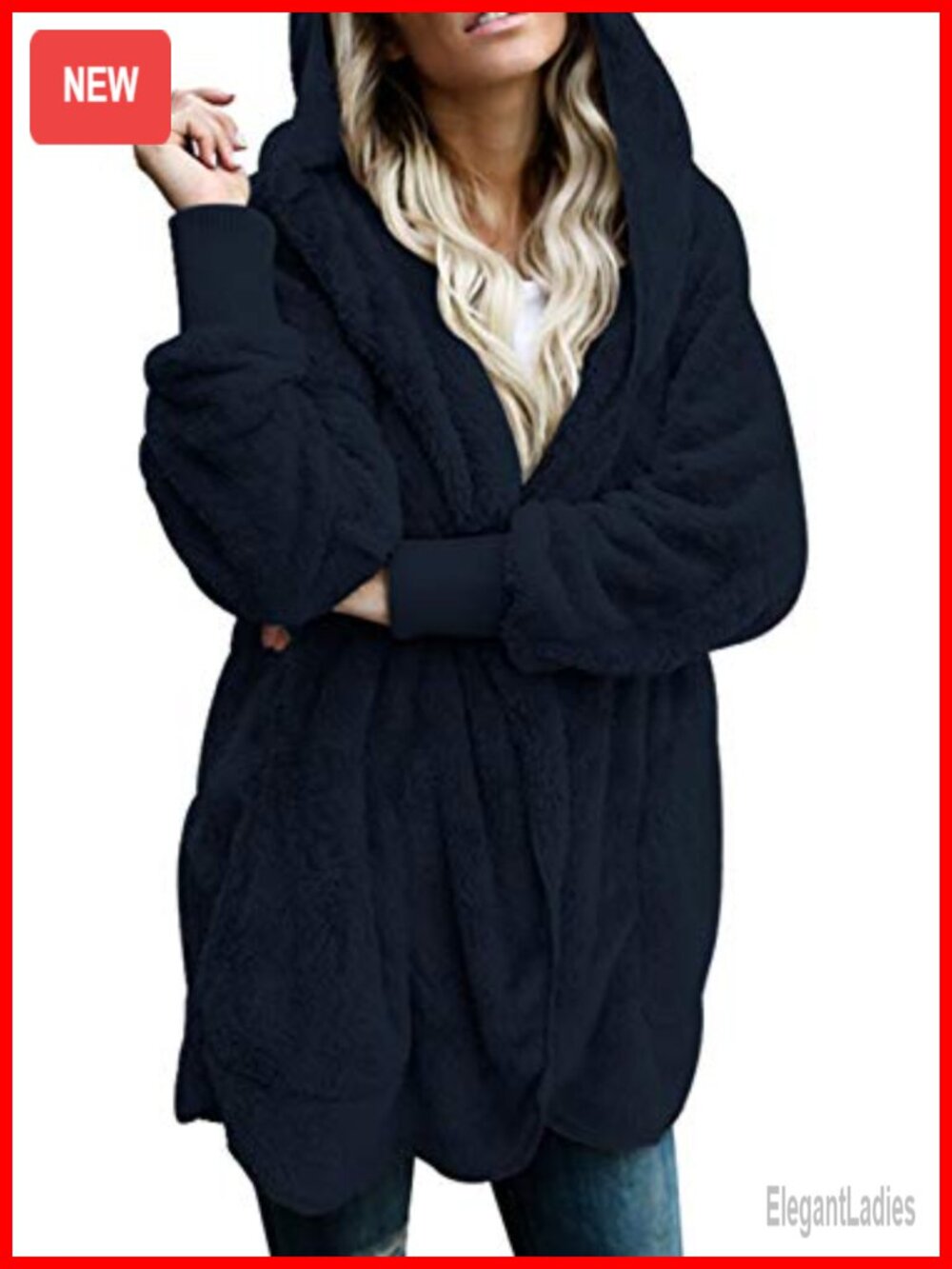 Fuzzy Fleece Open Front Hooded Cardigan Coat with Pockets